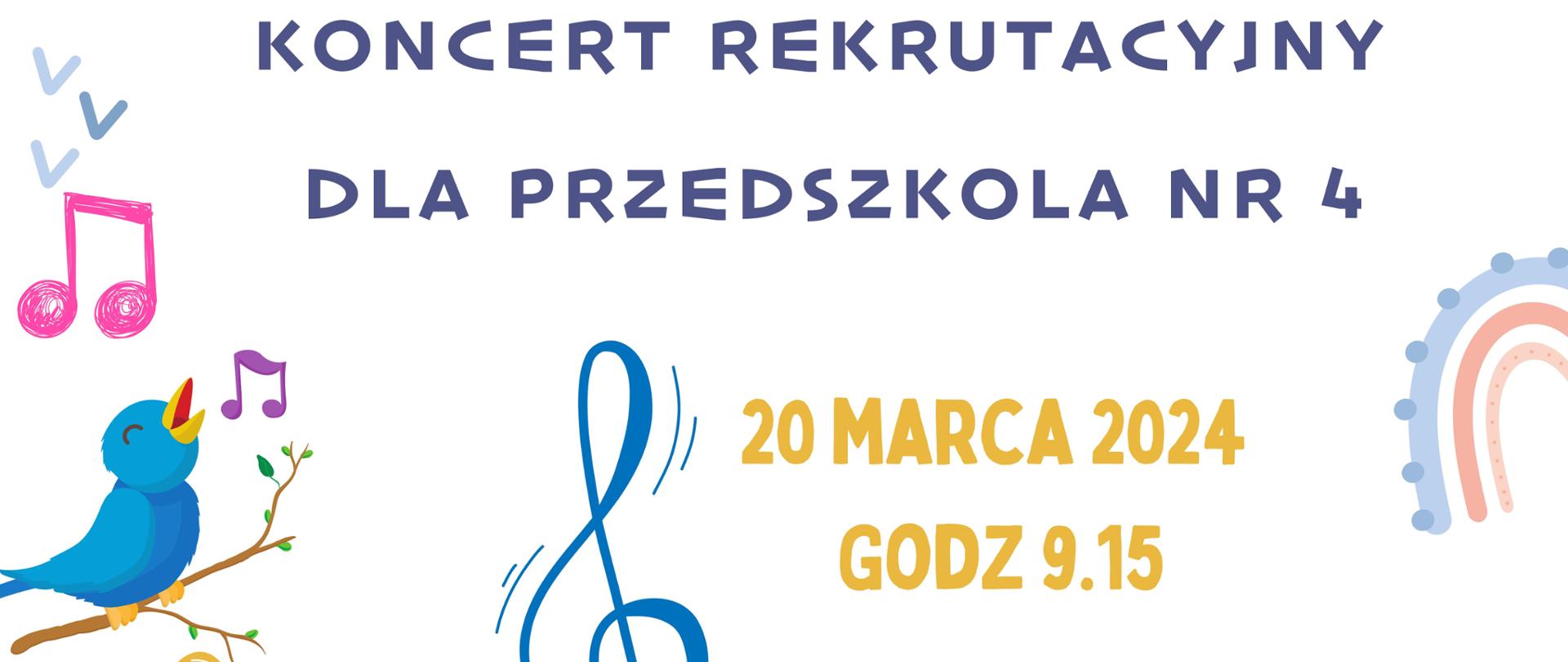 Na białym tle w otoczeniu kolorowych animowanych drzewek, ptaszków, kwiatuszków, nutek, chmurek i motylków na środku tekst: Państwowa Szkoła Muzyczna I stopnia im. Emila Młynarskiego w Augustowie : Koncert Rekrutacyjny dla przedszkola Miejskiego nr 4. 20 marca 2024 godz. 9.15 . Państwowa Szkoła Muzyczna w Augustowie , ul. Wybickiego 1, Sala Koncertowa.