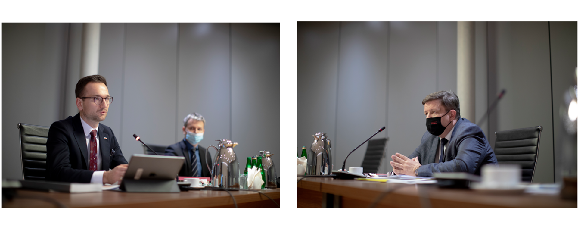 Dwa zdjęcia. Na pierwszym wiceminister Waldemar Buda przy stole z laptopem. Na drugim marszałek województwa łódzkiego Grzegorz Schreiber siedzi z drugiej strony stołu.