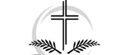 Grafika przedstawiająca czarny krzyż z dwoma czarnymi gałązkami pod nim wpisane w szary okrąg. Całość na białym tle