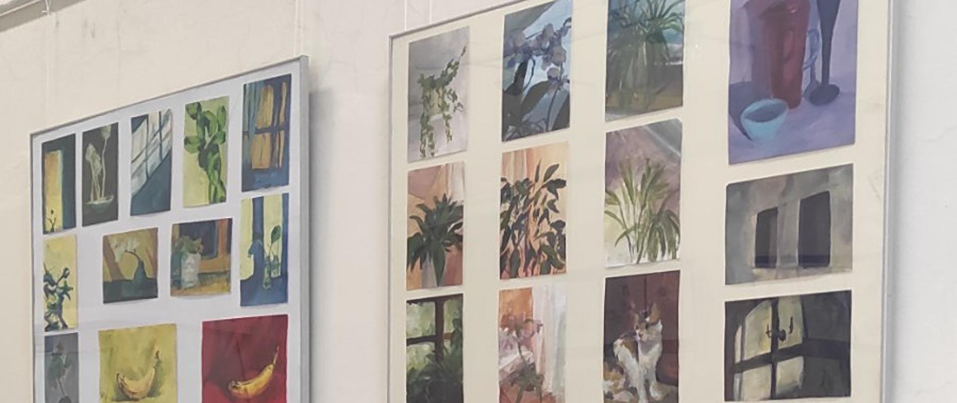 Szkice rysunkowe i malarskie wywieszone w galerii