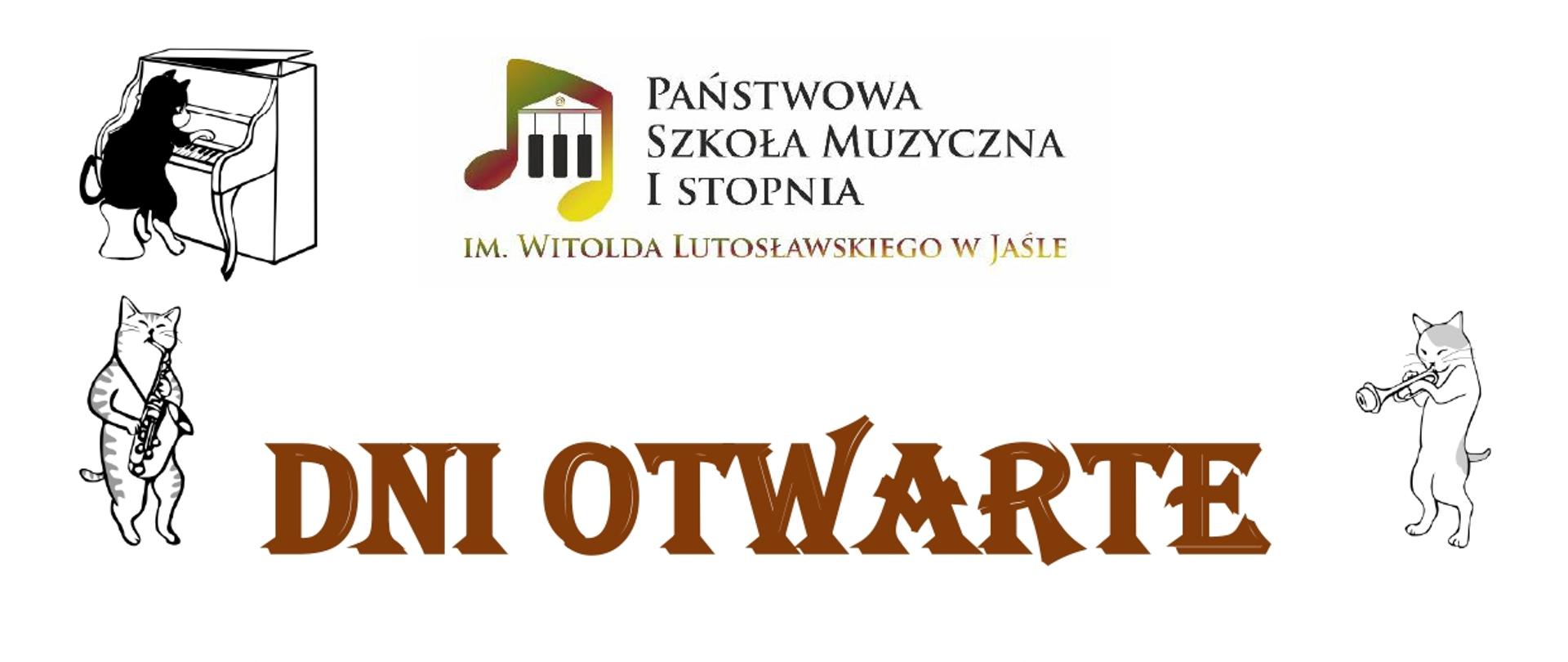 Na białym tle od góry pośrodku znajduje się logo państwowa szkoła muzyczna I
stopnia imienia Witolda Lutosławskiego w Jaśle. Z lewej strony logo znajduje się
szkic przestawiający kota grającego na pianinie.
Poniżej napis dni otwarte z lewej strony szkic kota grającego na saksofonie z prawej
strony szkic kota grającego na trąbce.
Poniżej napis 7 8 9 maja 2025 roku godzina 8:45 10:00 11:15 koncerty dla szkół i
przedszkoli 7 maja 2025 godzina 15:30 do 18:00 zwiedzanie szkoły, spotkania z
nauczycielami i uczniami. Poniżej klucz wiolinowy i kilka nutek zamieszczonych na
rozszerzającej się pięciolinii.
Poniżej znajduje się napis przyjdź i dowiedz się więcej zapraszamy.
Pod napisem znajdują się cztery szkice kotów z lewej kot grający na skrzypcach
następnie kot grający na kontrabasie kot grający na flecie i kot grający na gitarze.