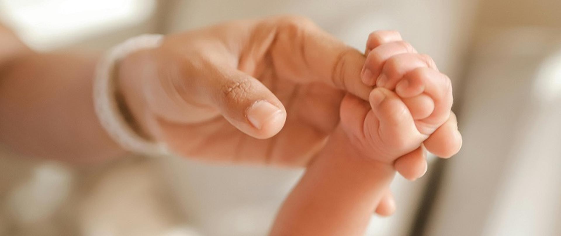 noworodek trzyma palec mamy zaciśnięty w swojej dłoni. Widać, że mama ma na nadgarstku opaskę ze szpitala, co sugeruje, że dopiero urodziła dziecko