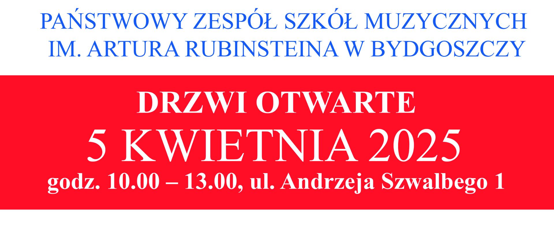 na plakacie na białym tle kolorowe napisy o drzwiach otwartych w szkole 5 kwietnia