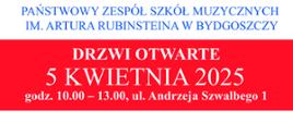 na plakacie na białym tle kolorowe napisy o drzwiach otwartych w szkole 5 kwietnia