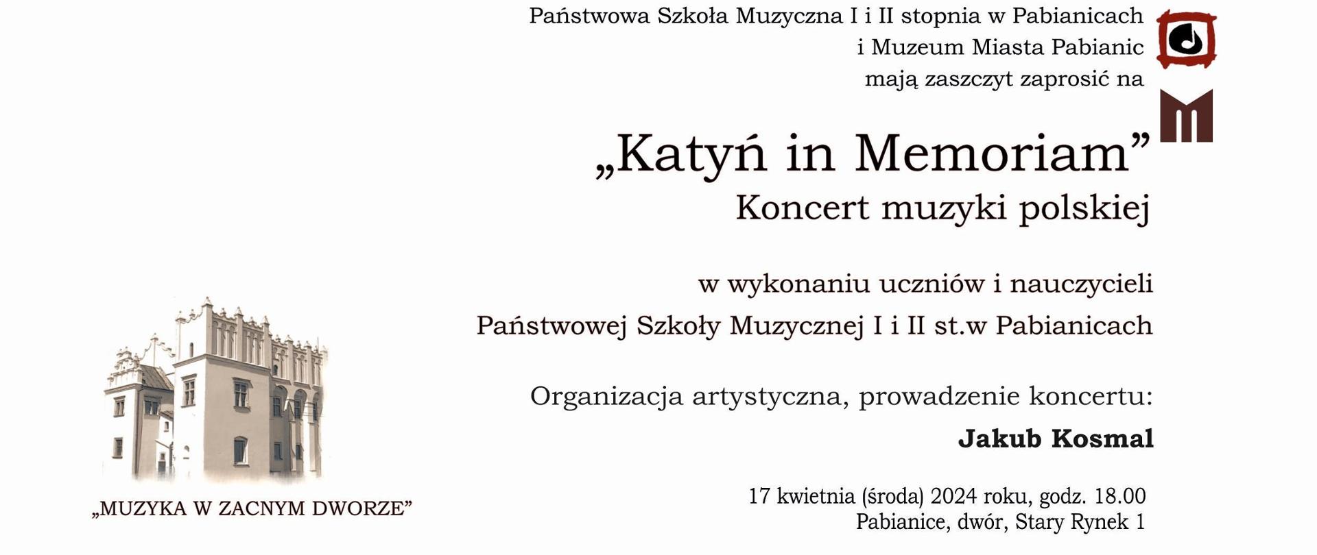 Jasna grafika z umieszczonym w tle budynkiem Muzeum Miasta Pabianic informująca o Koncercie zespołów kameralnych w dniu 17.04.2024 r. o godz. 18.