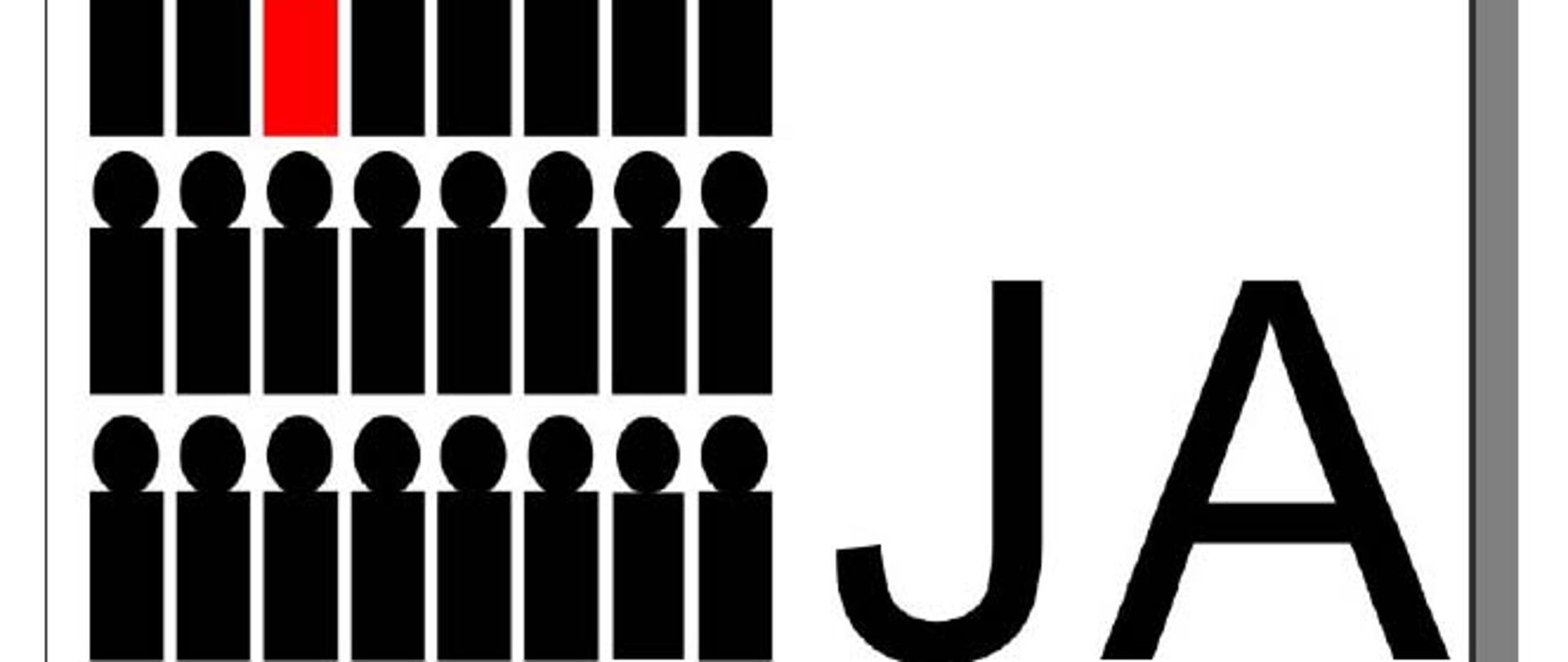 Na białym tle 32 figury - prostokąt a na nim koło w czterech rzędach. Wszystkie czarne, poza jedną czerwoną w drugim rzędzie. Z prawe duży czarny napis JA.