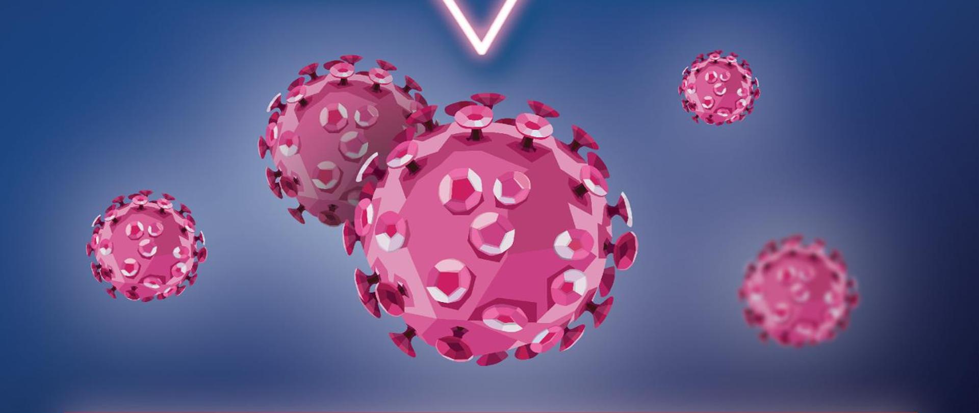 Baner prostokątny z ciemnoniebieskim tłem rozjaśnianym w niektórych miejscach. Na rysunku znajduje się 5 uproszczonych obrazków przedstawiających wirusy pod mikroskopem elektornowym. Wszystkie wirusy są w odcieniach koloru różowego.