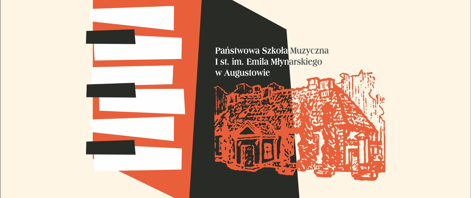 Logo konkursu pianistycznego - na piaskowym tle zastosowano cztery kolory. Z lewej strony na czerwonym tle niekształtne klawisze pianina w kolorach bieli i czerni, a obok czerwony drzeworyt na brązowym tle ( zachodzący jednak na piaskowe tło) a nad drzeworytem nazwa - Państwowa Szkoła Muzyczna I st. im. Emila Młynarskiego w Augustowie