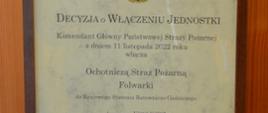 Zdjęcie decyzji o włączeniu jednostki OSP Folwarki do KSRG.