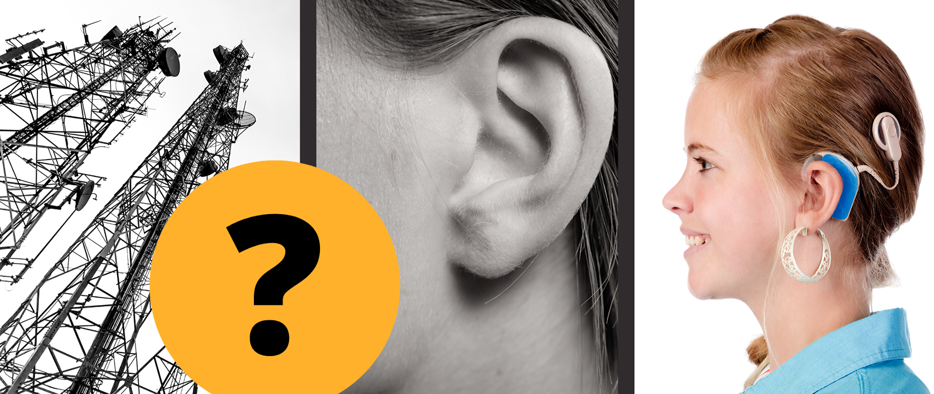 Kolaż zdjęć przedstawiający dziewczynkę z implantem ślimakowym, samego implantu oraz stacji BTS