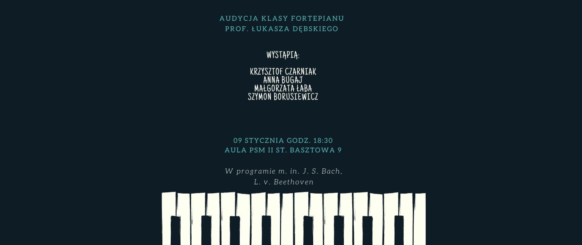 Na czarnym tle z klawiaturą napis Audycja fortepianowa 9.01.2024 godz.18.30