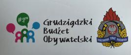 Zdjęcie przedstawia czarny napis „Grudziądzki Budżet Obywatelski” na białym tle. Po prawej kolorowy logotyp Państwowej Straży Pożarnej, po lewej logotyp marki #gru.