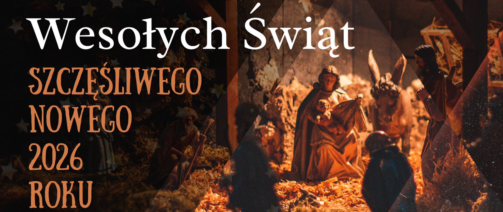 Grafika świąteczna z szopką bożonarodzeniową i napisem „Wesołych Świąt. Szczęśliwego Nowego 2026 Roku” w odcieniach brązu.