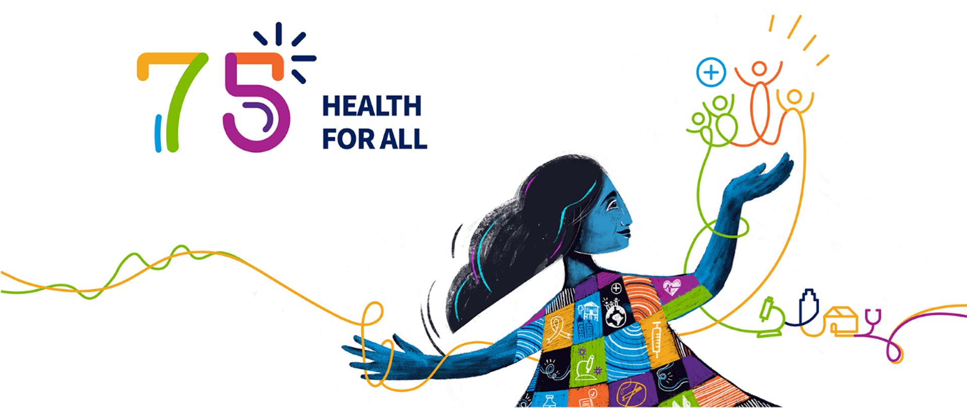 Grafika - kolorowy wizerunek kobiety, napis: 75 Health For All