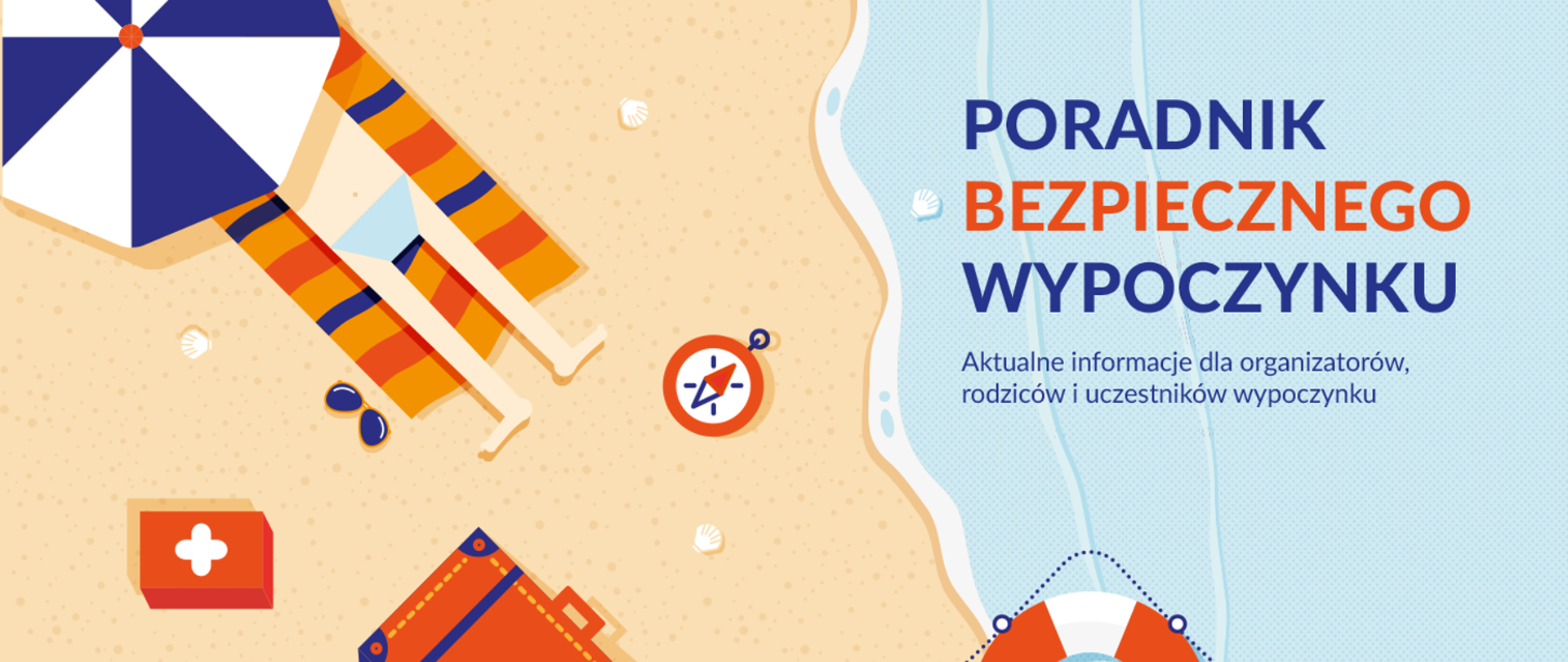 Plaża, osoba opala się pod parasolem, kompas, apteczka, wazka.