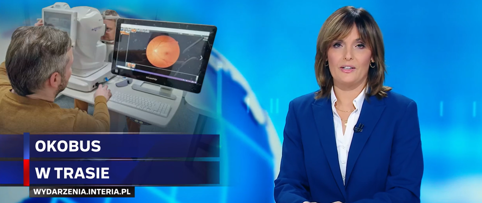 Klatka z materiału telewizji Polsat News na temat Okobusa. Widoczna prezenterka i napis: Okobus w trasie.