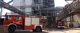 Samochód ratowniczo-gaśniczy oraz strażacki podnośnik hydrauliczny na terenie zakładu IKEA INDUSTRY ORLA w Koszkach podczas ćwiczeń.