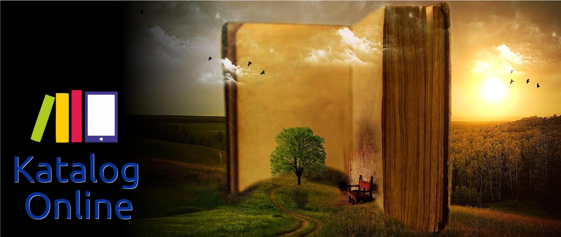 Grafika przedstawia książkę otwierająca świat fantazji i prezentuje napis Katalog Online