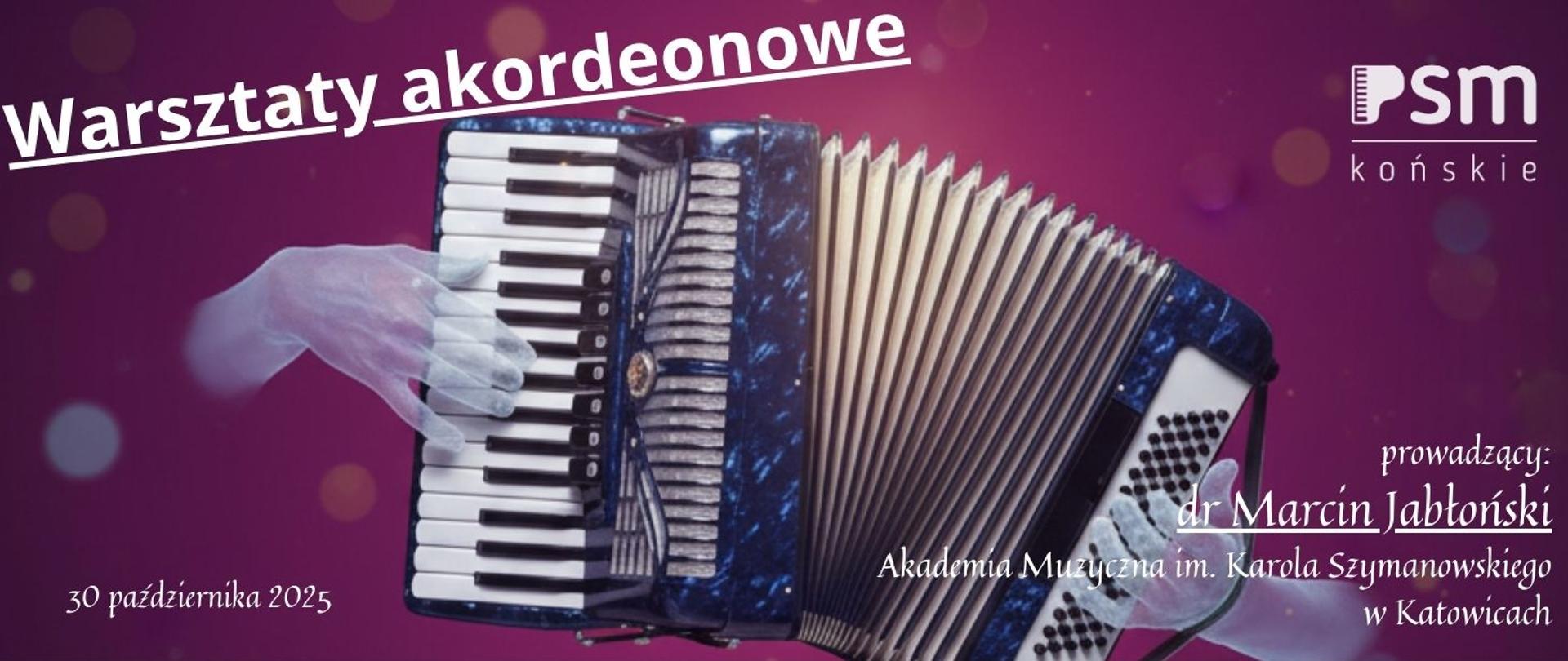 baner na fioletowym tle białe litery. po środku zdjęcie akordeonu trzymanego w dłoniach