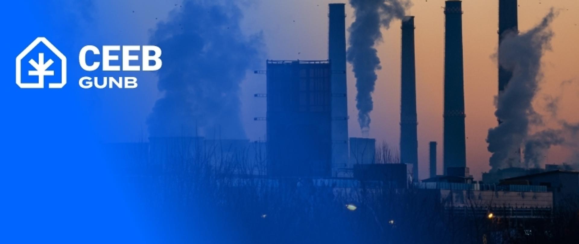 Industrial scene with tall smokestacks emitting smoke, set against a blue-to-orange gradient sky; left side features a blue overlay with "CEEB GUNB" text and a house-with-tree icon.