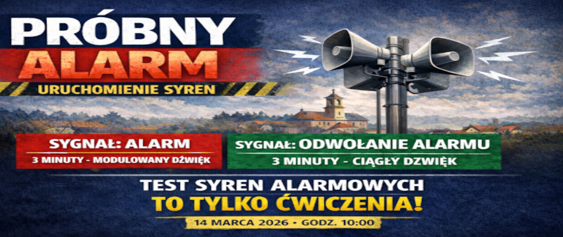 W dniu 14 marca 2026 roku (sobota) od godz. 10.00 na terenie powiatu wielickiego planowane jest sprawdzenie systemu ostrzegania i alarmowania przez uruchomienie syren alarmowych