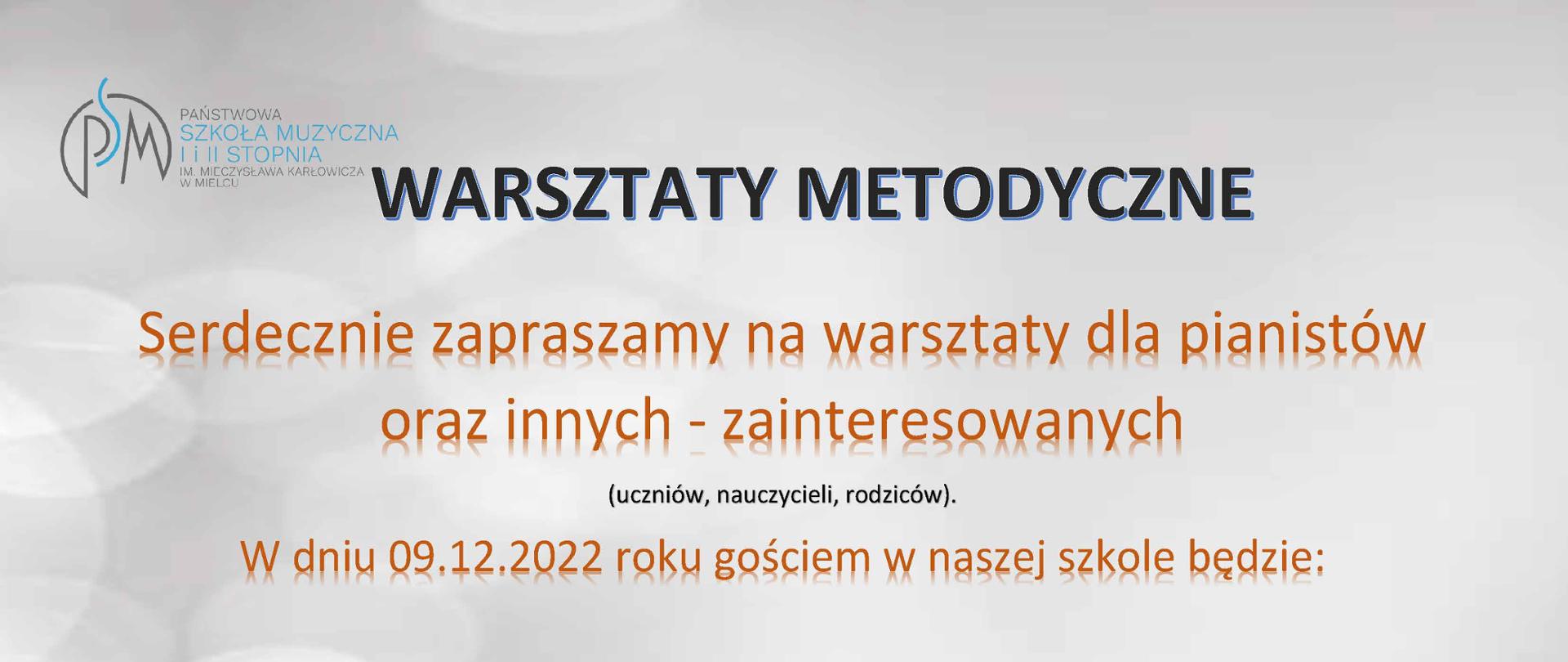 plakat na szarym tle z granatowymi i pomarańczowymi napisami zapraszający na warsztaty metodyczne dla pianistów z dr hab. Mileną Kędry