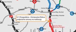 Mapa przedstawiająca odcinek S11 Przygodzice - Ostrzeszów Północ