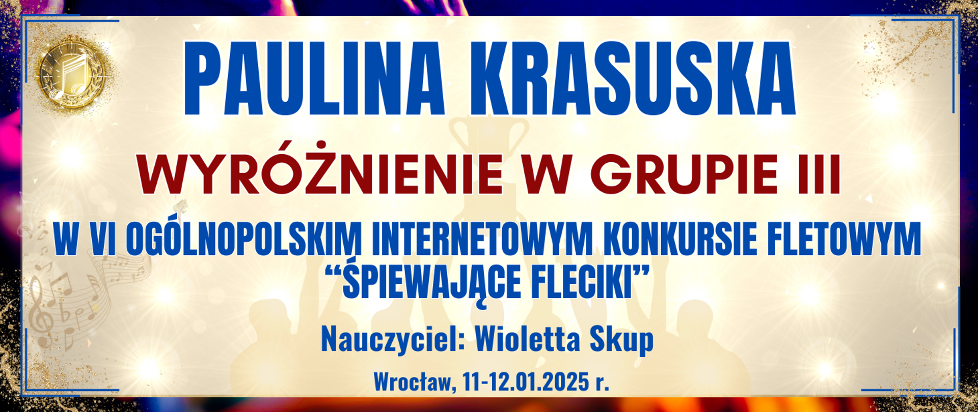 baner z ciemną kolorową ramką, jasne tło w środku z informacją o wyróżnieniu