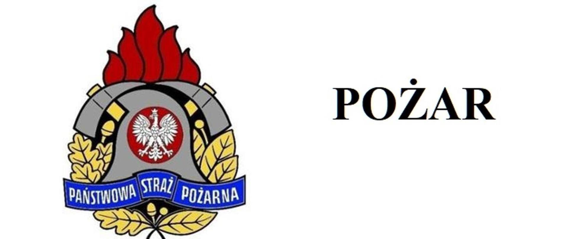 Na białym tle po lewej widać logo PSP, po prawej napis POŻAR