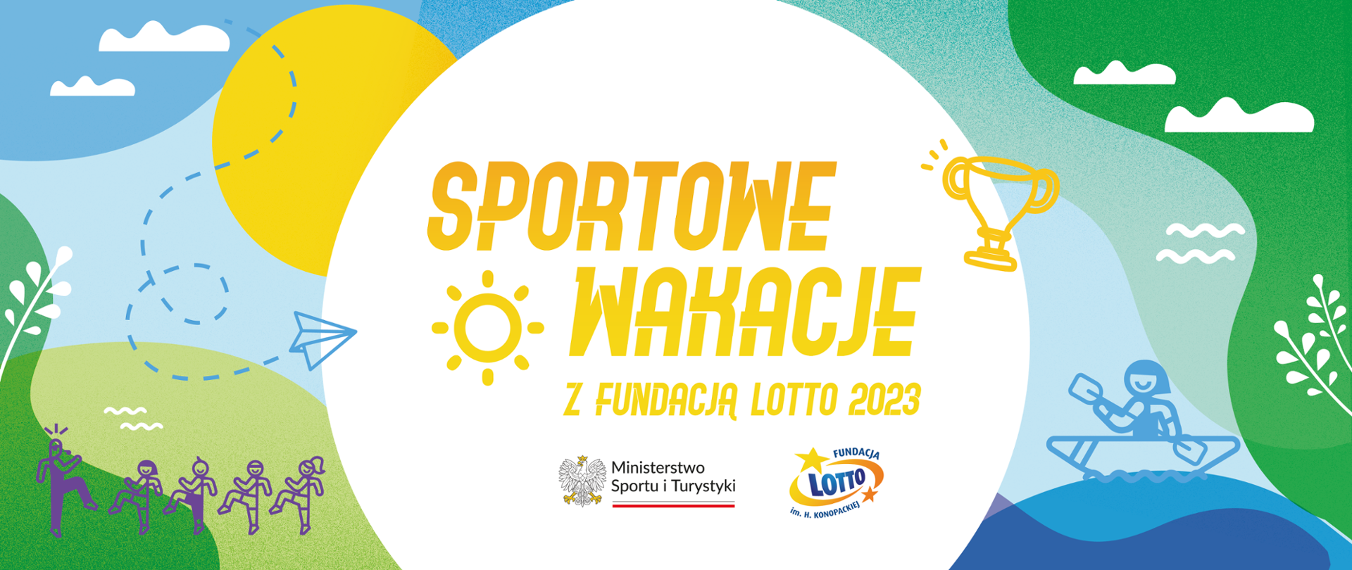 Kolorowa grafika z żółtym napisem Sportowe Wakacje z Fundacją Lotto 2023. Poniżej napisu logotypy ministerstwa i Fundacji Lotto
