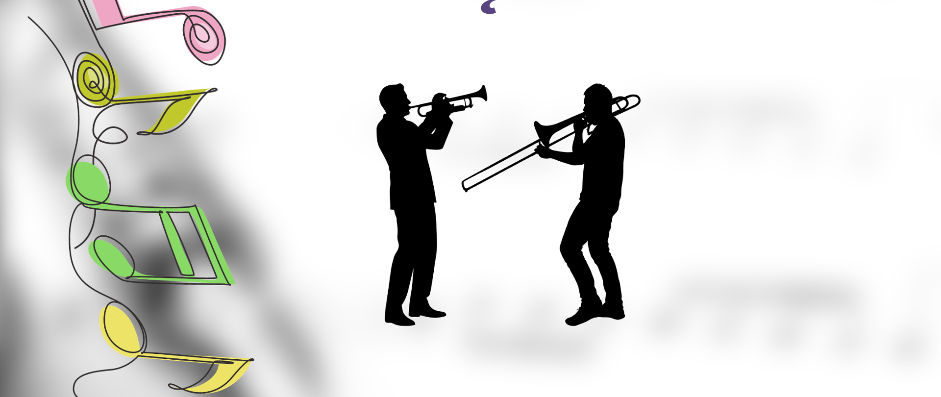 Plakat białe tło prześwitujące rozmyte nuty i fragmenty dętego instrumentu W lewym górnym rogu logo szkoły według ustalonego znaku poniżej rysowane kreską kolorowe grafiki przedstawiające różne wartości rytmiczne i jakby nanizane na nitkę napis państwa szkoła muzyczna pierwszego drugiego stopnia mienia Witolda Lutosławskiego w Nysie zapraszam na koncert uczniów klasy puzonu i Trąbki 4 maja 2026 godzina 16:20 sala kameralna