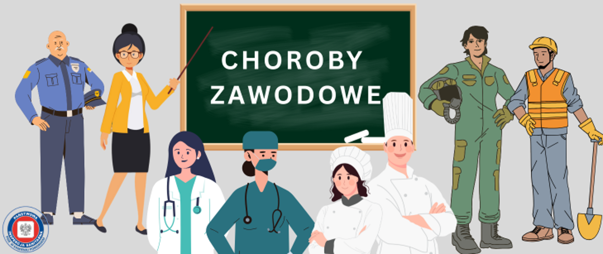 Grafika przedstawia w centralnym miejscu tablicę szkolną w kolorze zielonym a na niej biały napis "choroby zawodowe". Po lewej stronie od tablicy stoi nauczycielka w żółtym swetrze która wskaźnikiem pokazuje na tablicę. Po jej lewej stronie stoi policjant w niebieskim/granatowym mundurze. Po prawej stronie od tabliy stoi mężczyzna w zielonym kombinezonie, który trzyma kask i jest pilotem samolotu śmigłowego, po jego prawej stronie stoi mężczyzna w zółtym kasku, kamizelce odblaskowej i trzyma łopatę - jest robotnikiem. Poniżej tablicy znajduja się sylwetki lekarki, chirurga w maseczce oraz kobiety i mężczyzny, którzy są kucharzami noszącymi białe fartuchy i okrycia głowy. W lewym dolnym rogu znajduje się logo inspekcji sanitarnej. 