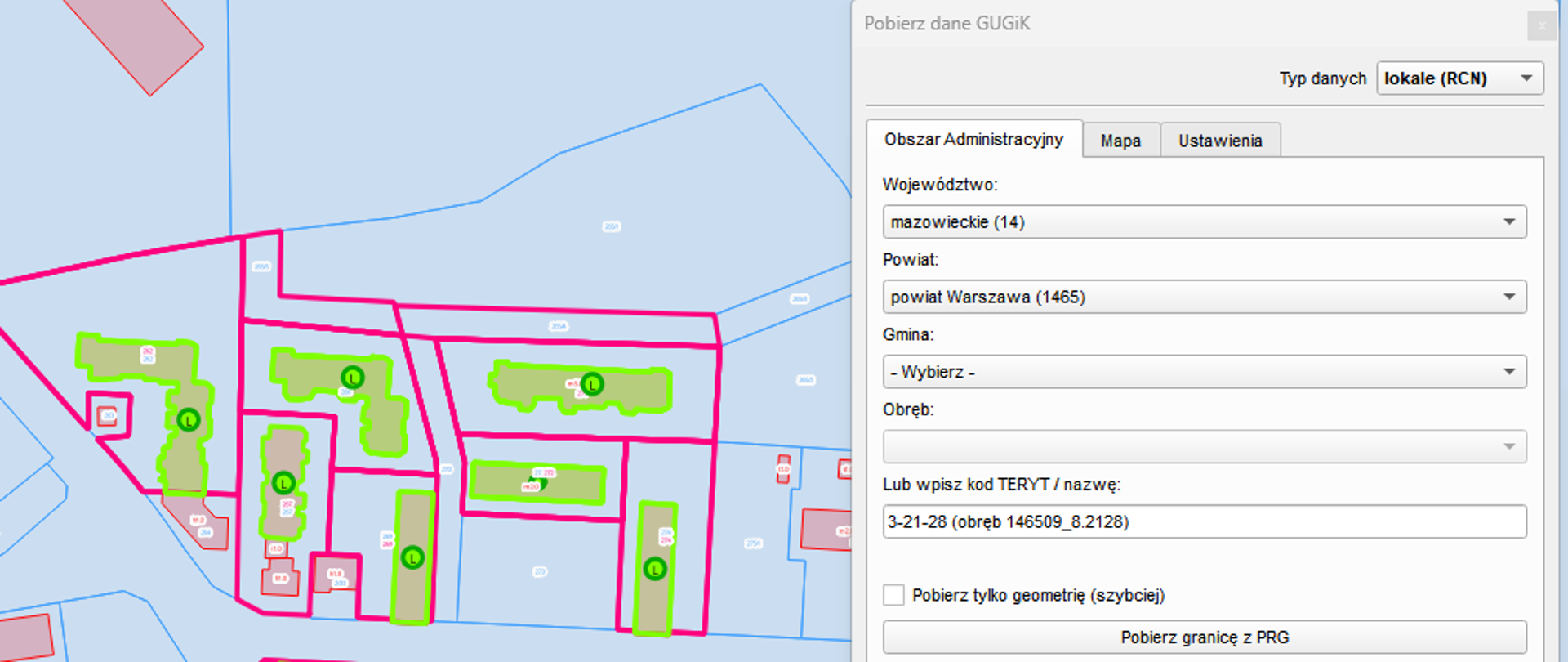 Ilustracja przedstawia zrzut ekranu okna mapowego QGIS z wczytanymi poligonami działek ewidencyjnych, budynków oraz transakcjami pochodzącymi z zasobu RCN wraz z oknem wtyczki Pobierz dane GUGiK