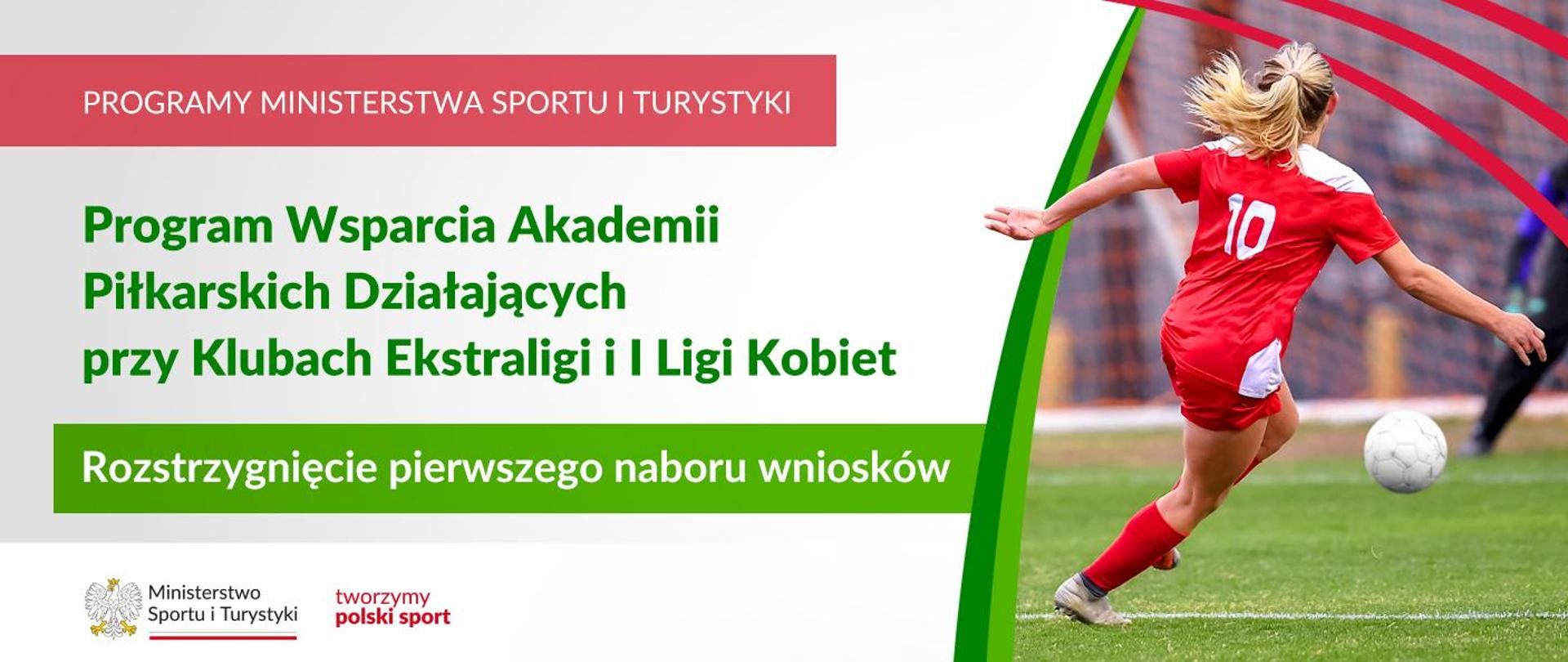 Grafika. Z lewej strony od góry napisy jeden pod drugim: (1) na czerwonym pasku białymi dużymi literami: PROGRAMY MINISTERSTWA SPORTU I TURYSTYKI, (2) na jasnym tle zielonymi literami: Program Wsparcia Akademii Piłkarskich Działających przy Klubach Ekstraligi i I Ligi Kobiet, (3) na zielonym pasku białymi literami: Rozstrzygnięcie pierwszego naboru wniosków. Na dole na białym pasku logotypy MSiT oraz tworzymy polski sport. Z prawej strony zdjęcie piłkarki w czerwonym stroju z białymi wstawkami i białą 10 na plecach. Dziewczyna biegnie po boisku z piłką obrócona tyłem do aparatu.