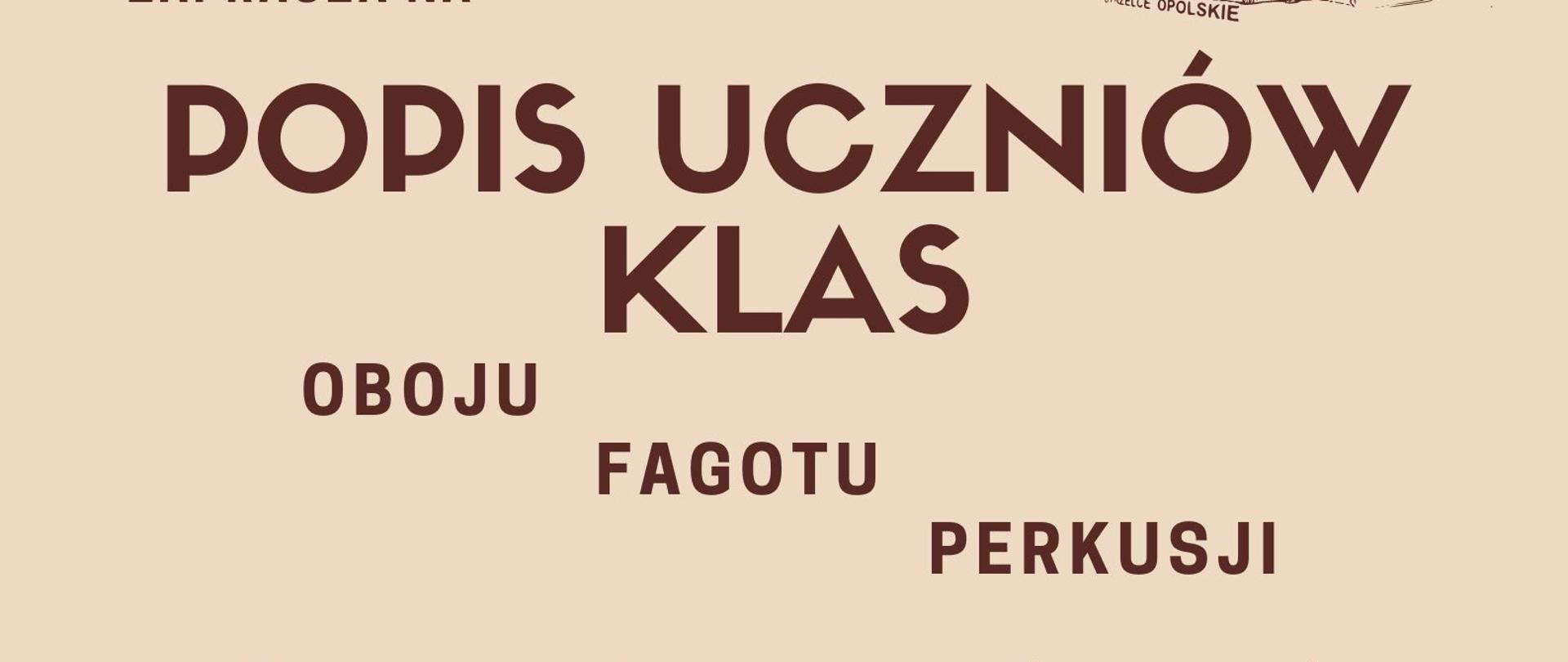 Beżowo pomarańczowe tło, grafika perkusja, obój, fagot oraz nutki. Zaproszenie na popis uczniów klas oboju, fagotu i perkusji 24 stycznia o godz. 16