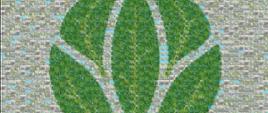 Mozaika złożona z wielu małych zdjęć przedstawiających zielone przestrzenie i budynki, które razem tworzą duży zielony symbol przypominający trzy liście ułożone w okrąg, symbol międzynarodowego dnia zdrowia roślin.