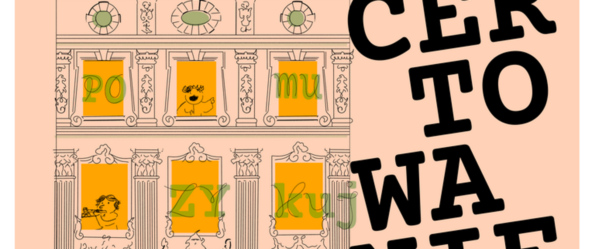 Plakat, różowe tło, po lewej stronie budynek, w oknach napis: pomuzykujmy. Tekst W Domu Matejki Koncertowanie, 9. 04. 2025 ul. Floriańska 41, godzina 18:00