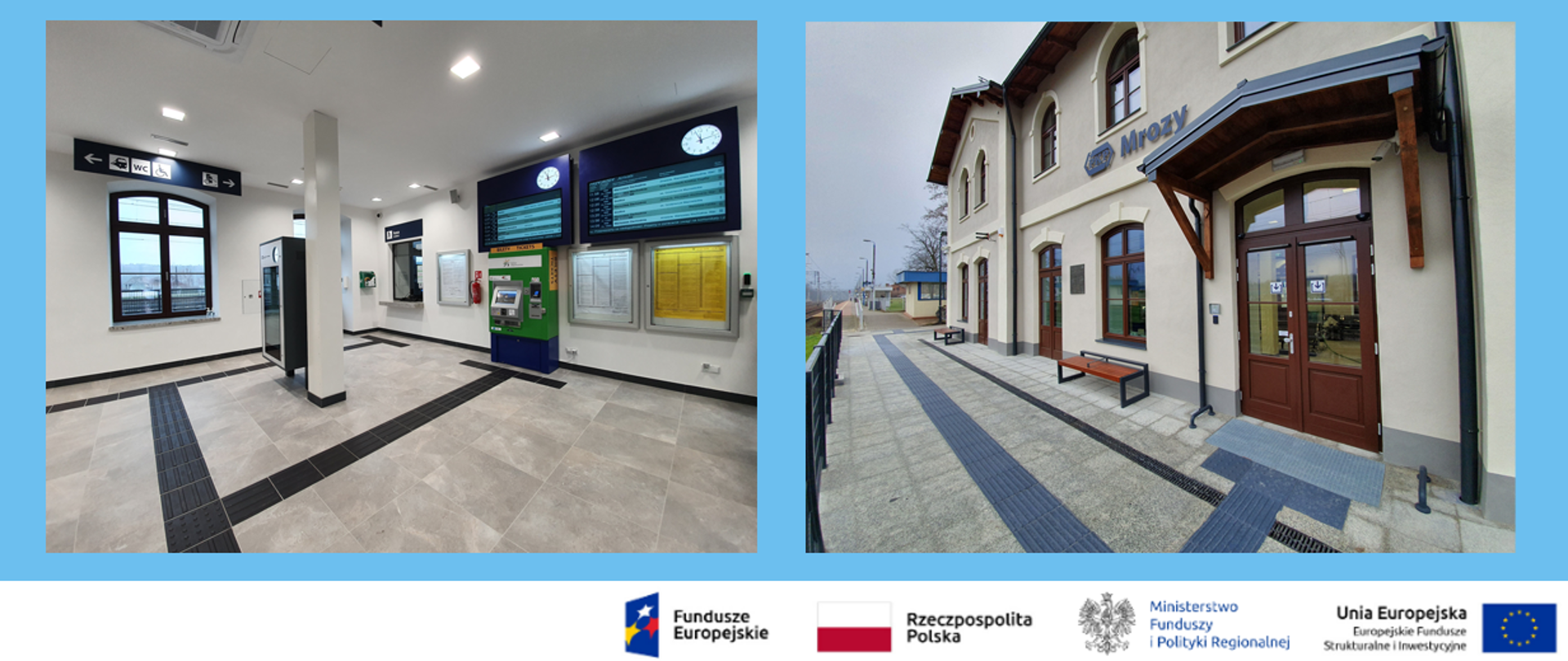 Dwa zdjęcia wyremontowanego dworca w Mrozach - wewnątrz i na zewnątrz