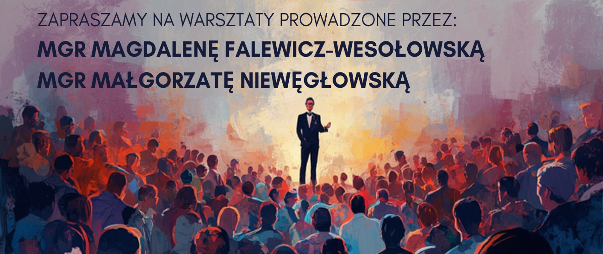 Plakat wygenerowany przez AI - przedstawiający rysunkowo nakreśloną widownię, a na scenie znajduje się - podświetlona - ubrana na galowo postać. Nad postacią jest szare tło, na którym znajdują się napisy: "Savoir-vivre prawdziwego słuchacza i wykonawcy muzyki - poniedziałek, 16 marca 2026 r., godz. 16.30; dobre maniery, koncertowa etykieta, cisza absolutna, brawa w punkt; zapraszamy na warsztaty prowadzone przez: mgr Magdalenę Falewicz-Wesołowską, mgr Małgorzatę Niewęgłowską".