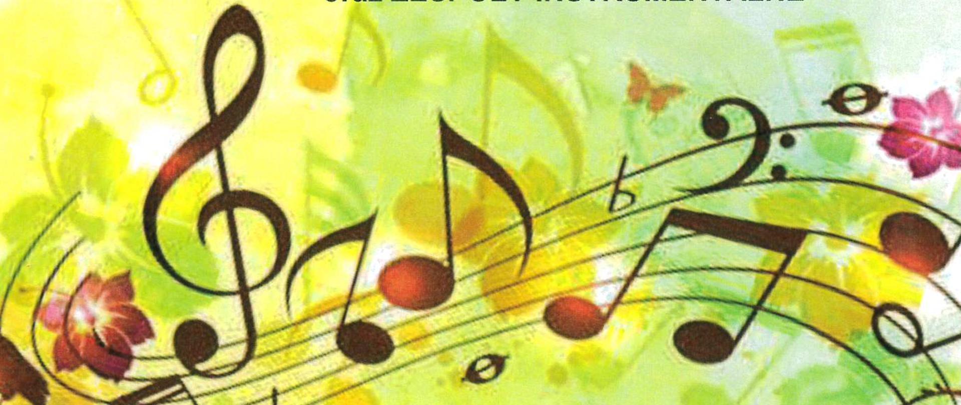 Plakat, biało-zielone tło, na górze pełna nazwa szkoły, poniżej: w dwóch rzędach: Zaprezentują się uczniowie wszystkich sekcji oraz zespoły instrumentalne.
Poniżej na środku drukowanymi literami KONCERT - Wiosenne impresje" na dole strony w żółtej ramce czerwone cyfry 25.03 (wtorek) godz. 17:00, aula
Zapraszamy