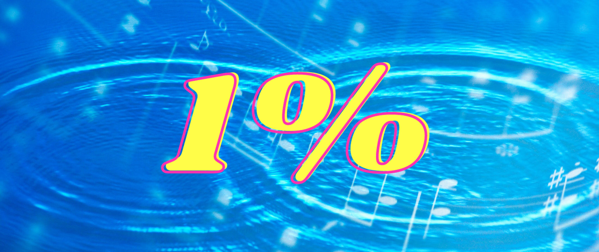 Napis w kolorze żółtym 1% na niebieskim tle - woda, w której odbijają się nutki.