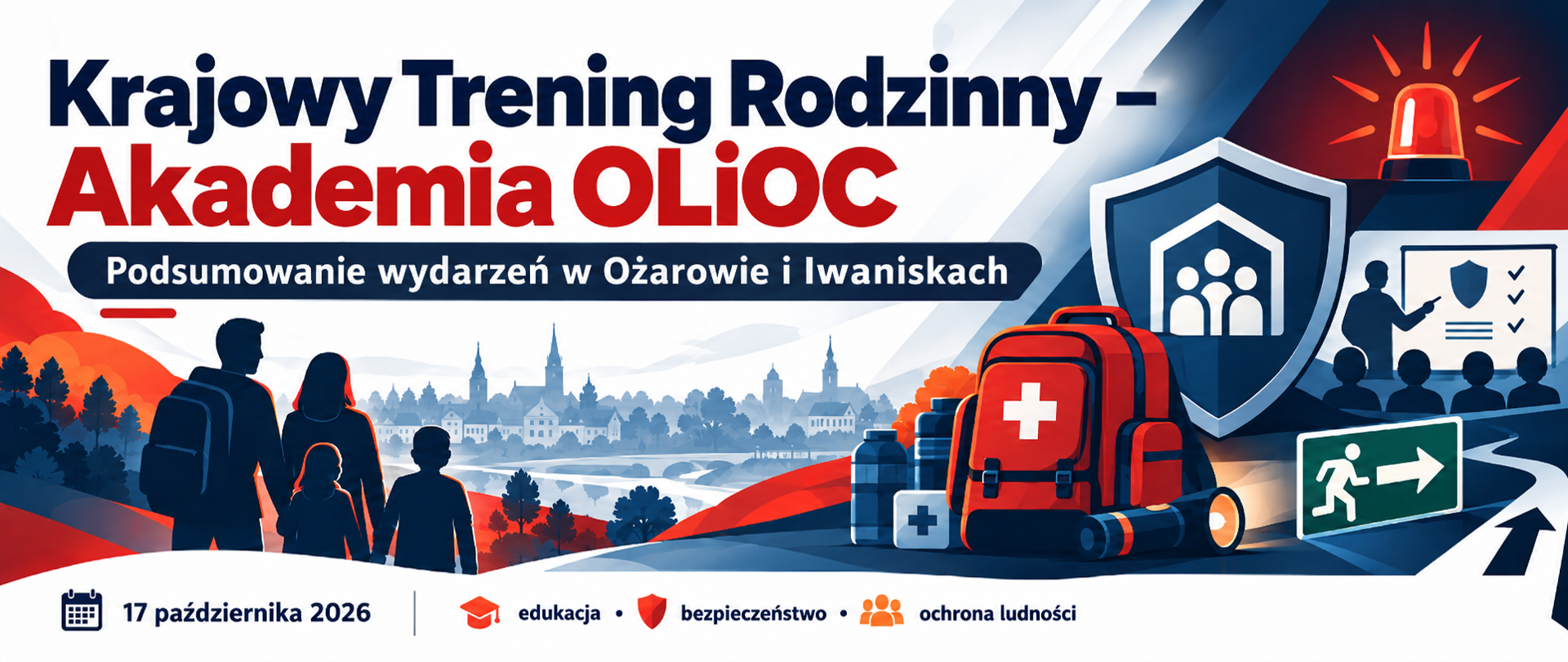 Grafika promująca podsumowanie Krajowego Treningu Rodzinnego – Akademii OLiOC, który odbył się 17 października 2026 roku w Ożarowie i Iwaniskach. Na ilustracji przedstawiono rodzinę, plecak ewakuacyjny, tarczę symbolizującą ochronę ludności, sygnalizator alarmowy, znak ewakuacyjny oraz szkolenie z zakresu bezpieczeństwa. Grafika utrzymana jest w kolorystyce granatowej, czerwonej i białej, z hasłami „edukacja”, „bezpieczeństwo” i „ochrona ludności”.