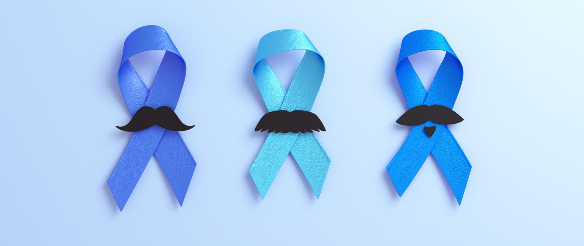 Na środku planszy trzy niebieskie kokardki ze wstążek, przepasane wąsami 