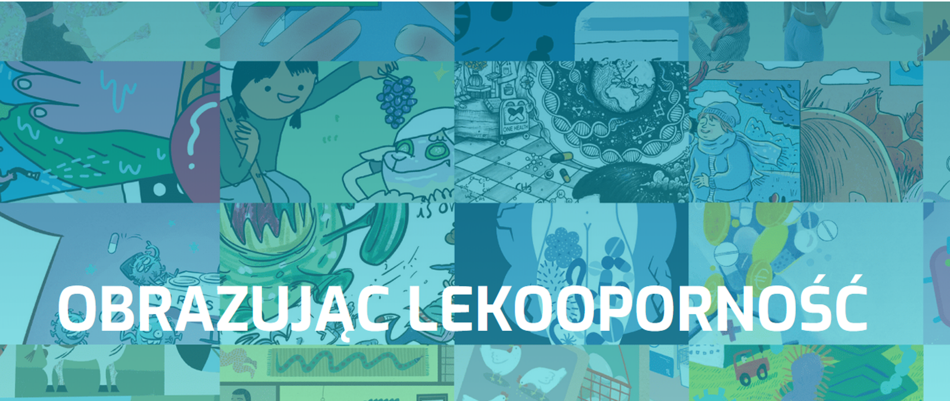 Obraz przedstawia zbiór prac artystów krajów europejskich biorących udział w kampanii informacyjnej EU-JAMRAI 2, po lewej u dołu napis: Obrazując lekooporność.