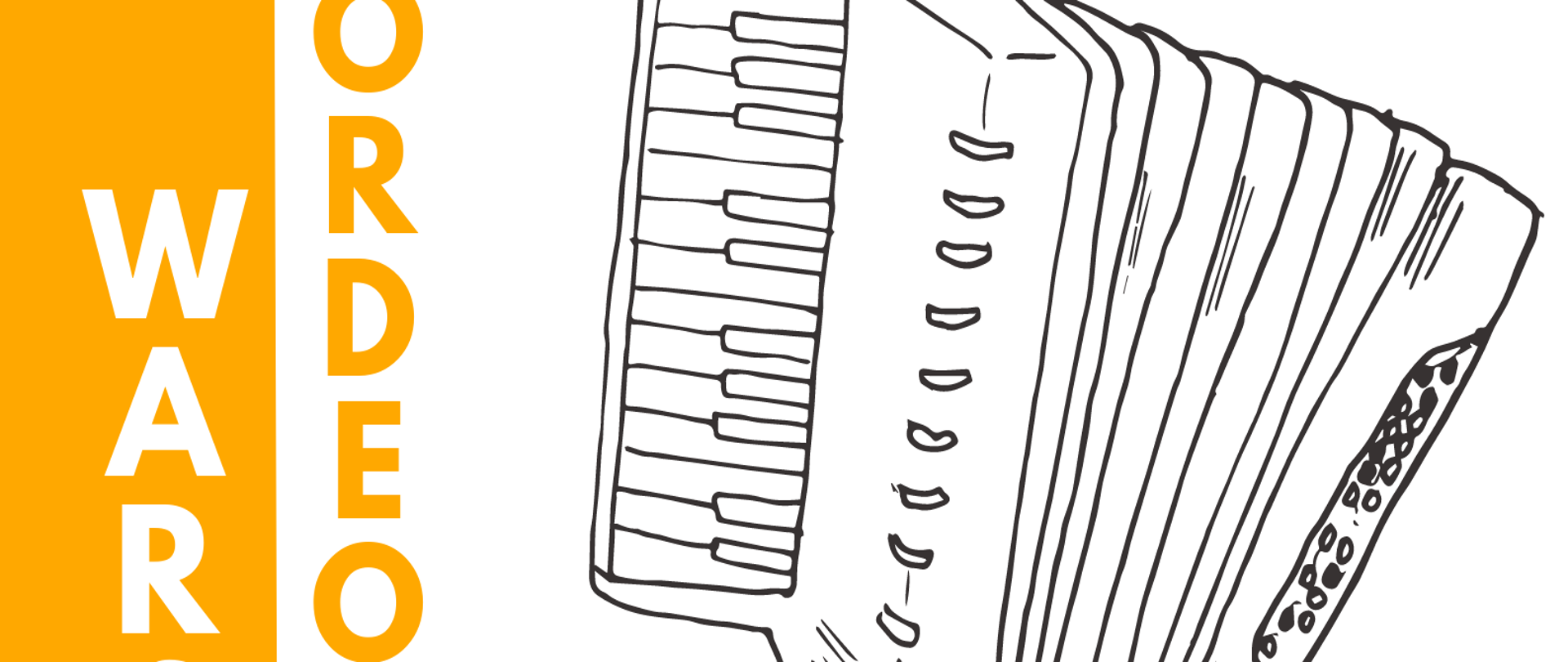 Plakat warsztatów akordeonowych na białym tle z pomarańczowym pasem pionowym po lewej stronie, ikoną akordeonu w kolorze czarnym na środku plakatu, logo szkoły na dole i tekstem "Warsztaty akordeonowy, prowadzący Dariusz Baszak, 24 listopada 2022 godz.13.00, sala kameralna"