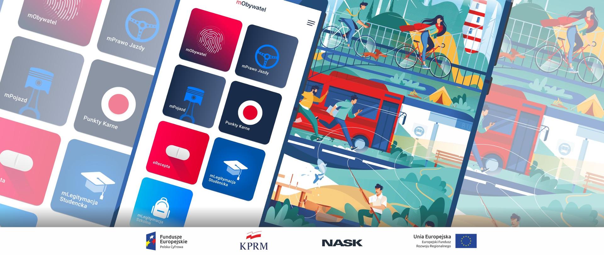 Grafika przedstawia smartfona na którym widać aplikację mObywatel. Przedstawione są kolorowe kafelki z funkcjonalnościami aplikacji - "mObywatel", "mPrawo Jazdy", "mPojazd", "Punkty Karne", "eRecepta". "mLegitymacja Studencka", "mLegitymacja Szkolna". 