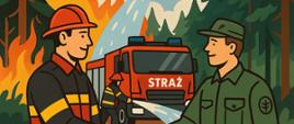 Zdjęcie przedstawia strażaka i leśnika ściskających sobie dłonie. W tle płonący las i wspólne działania straży pożarnej z użyciem pojazdu oraz leśników z użyciem samolotu.