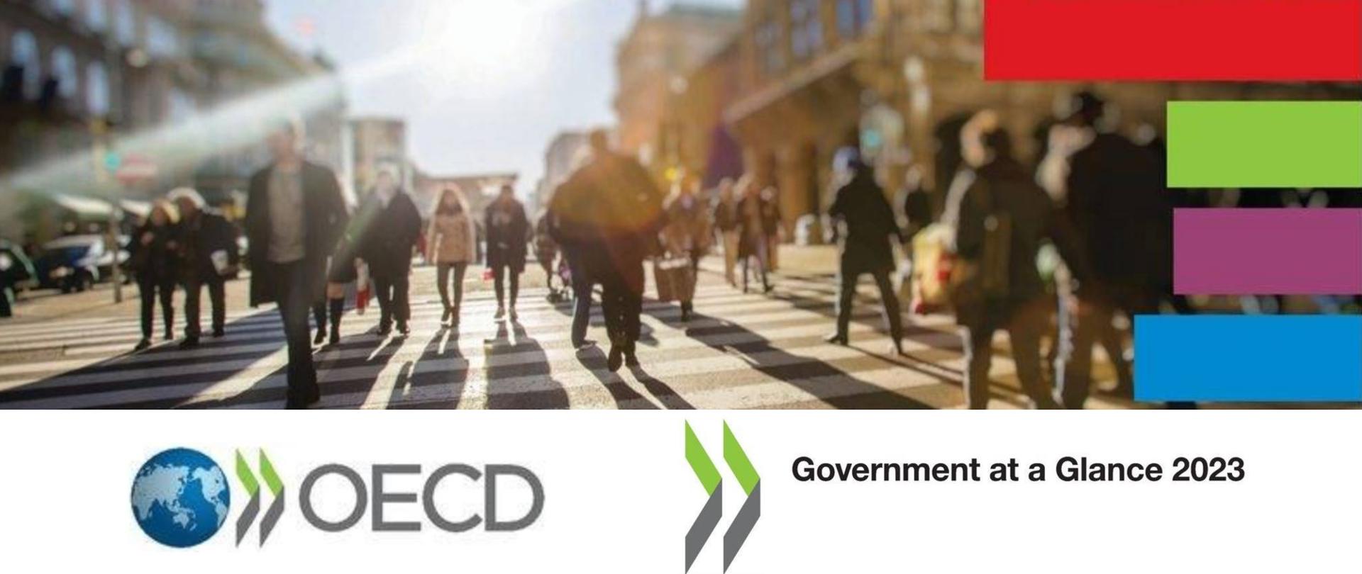 Ludzie idą przez przejście dla pieszych. Po prawej stronie cztery kolorowe paski: czerwony, zielony, fioletowy i niebieski. Na dole napis: OECD oraz Government at a Glance 2023.