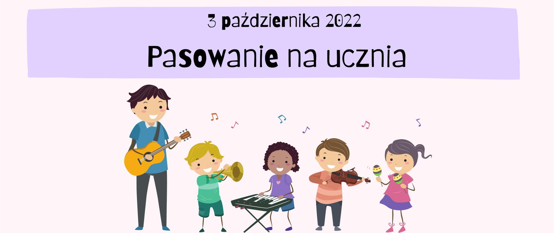 Plakat przedstawia grupkę dzieci z nauczycielem grających na instrumentach muzycznych.