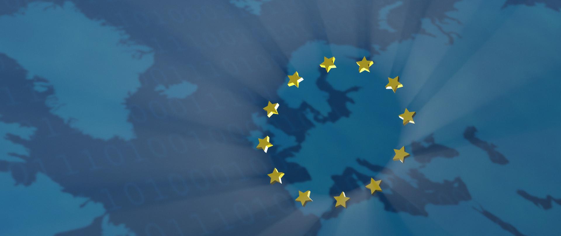 Symbol Unii Europejskiej na mapie Europy z motywem cyfrowym.